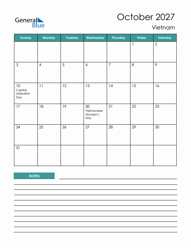 Calendar with Notes Printable - Sunday Start