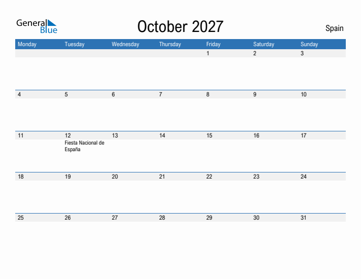 Fillable October 2027 Calendar