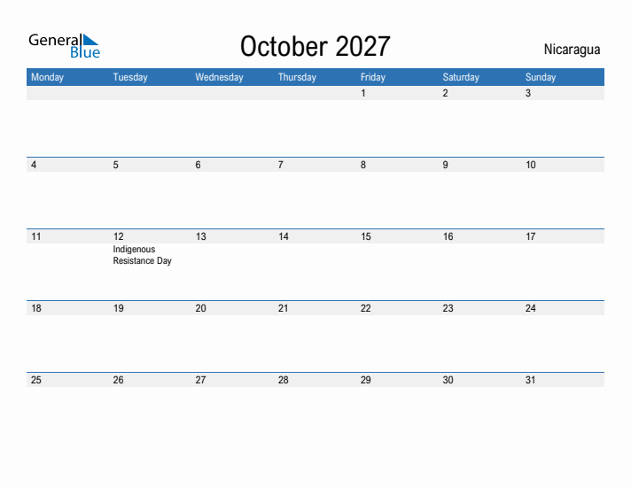 Fillable October 2027 Calendar