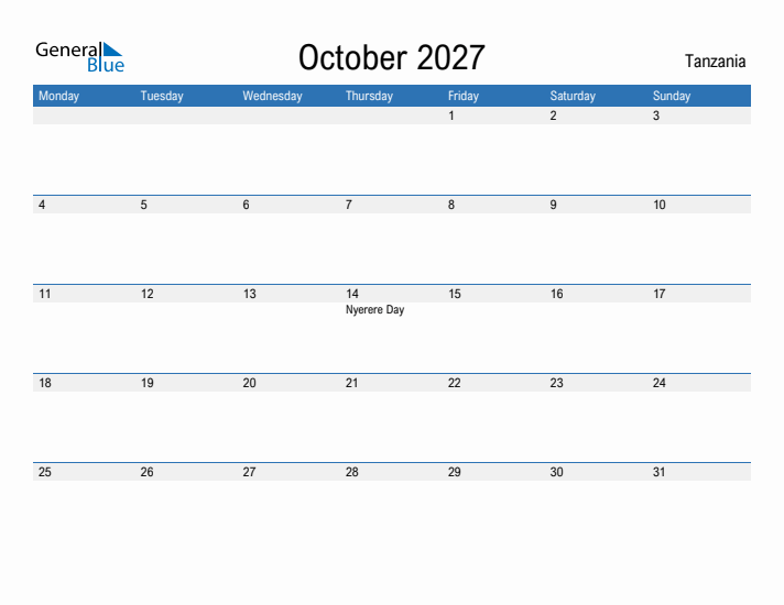 Fillable October 2027 Calendar