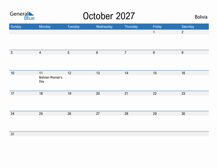 Fillable October 2027 Calendar