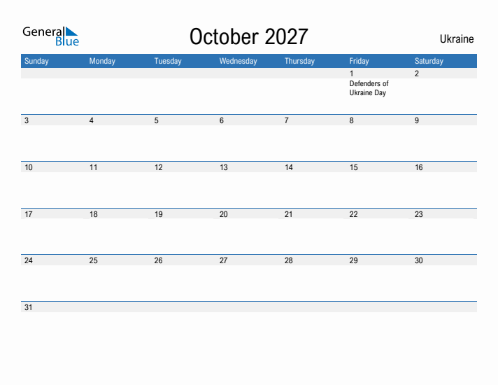 Fillable October 2027 Calendar