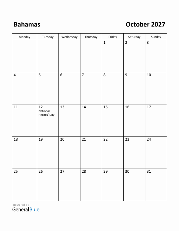 October 2027 Calendar with Bahamas Holidays