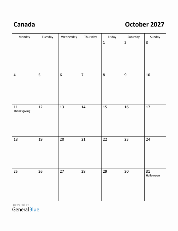 October 2027 Calendar with Canada Holidays