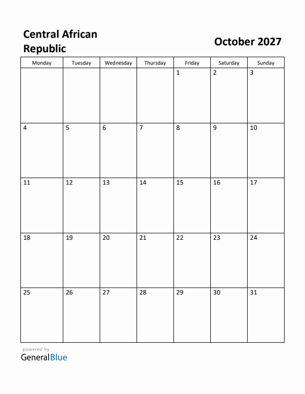 October 2027 Calendar with Central African Republic Holidays