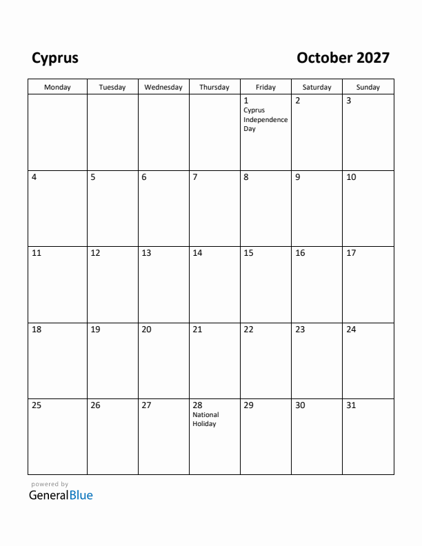 October 2027 Calendar with Cyprus Holidays