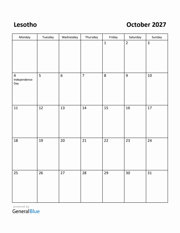 October 2027 Calendar with Lesotho Holidays