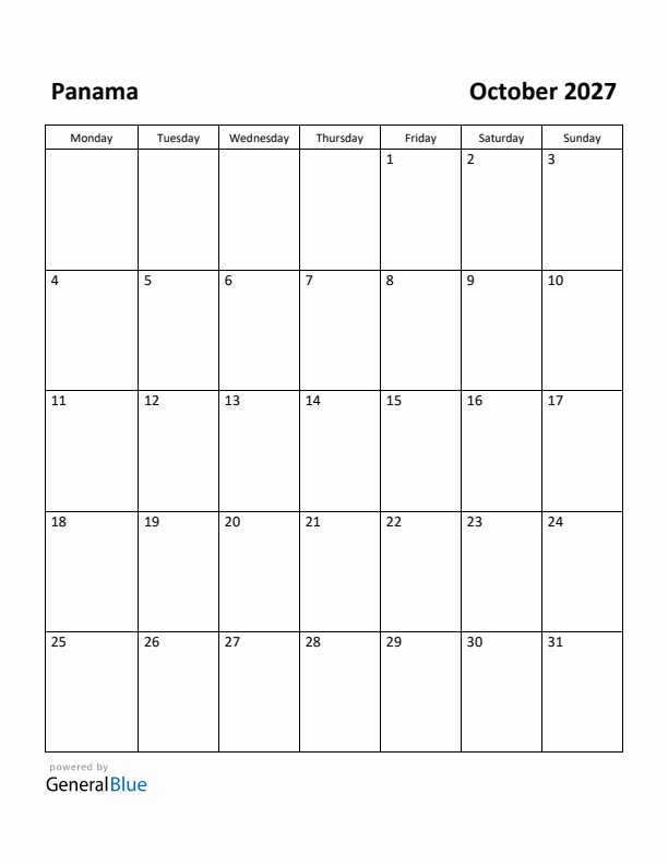 October 2027 Calendar with Panama Holidays