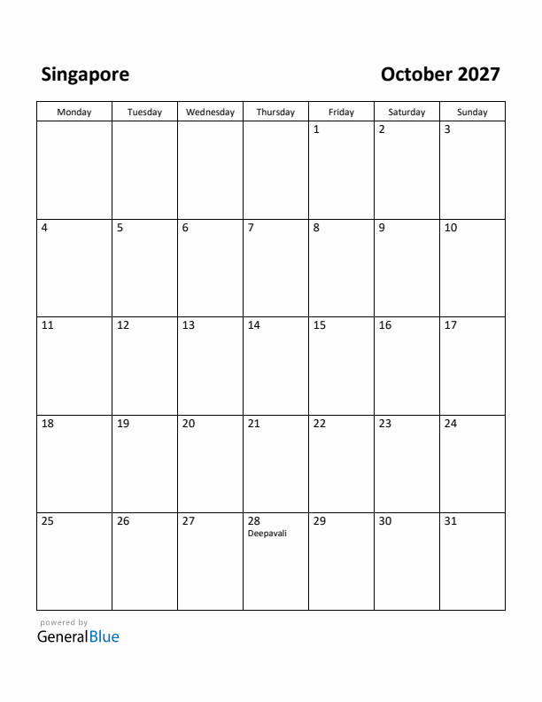 October 2027 Calendar with Singapore Holidays