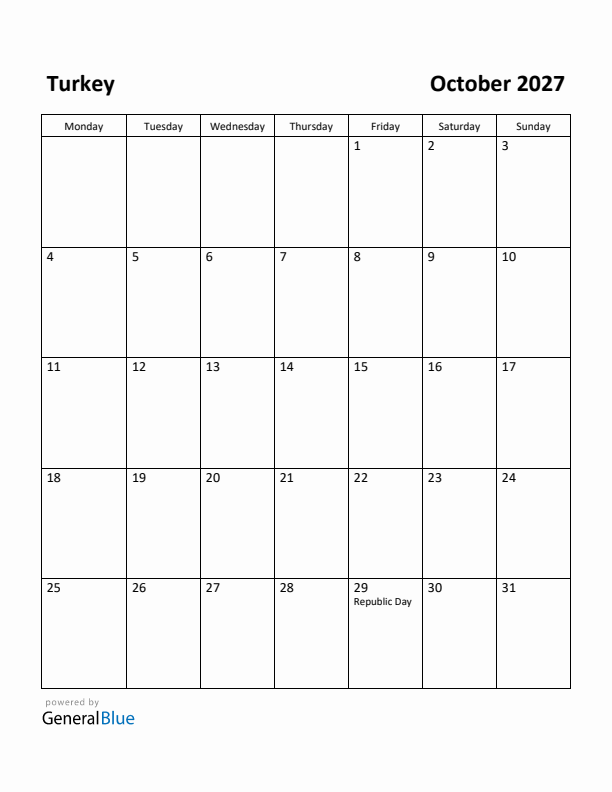 October 2027 Calendar with Turkey Holidays