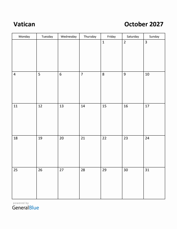 October 2027 Calendar with Vatican Holidays