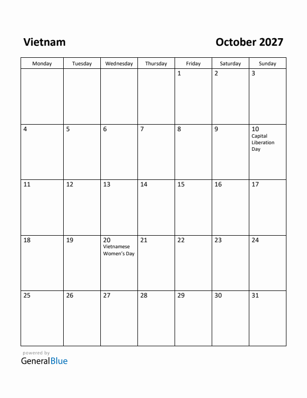 October 2027 Calendar with Vietnam Holidays