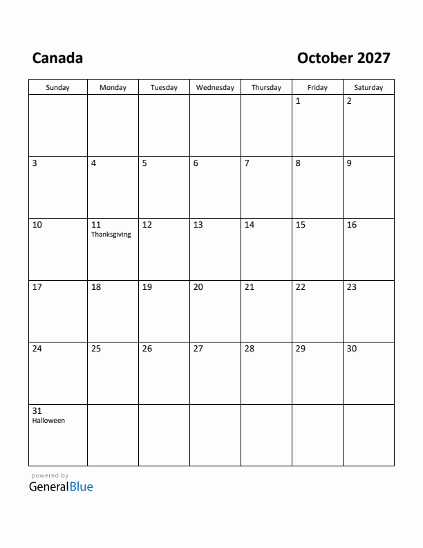 October 2027 Calendar with Canada Holidays