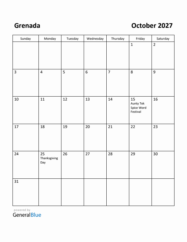 October 2027 Calendar with Grenada Holidays