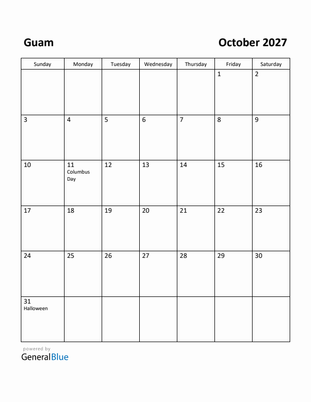 October 2027 Calendar with Guam Holidays