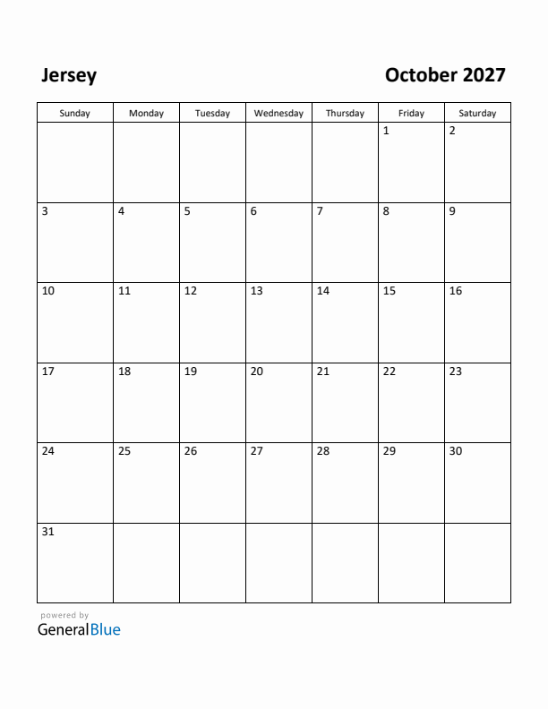 October 2027 Calendar with Jersey Holidays