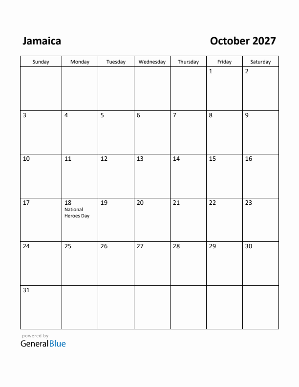 October 2027 Calendar with Jamaica Holidays