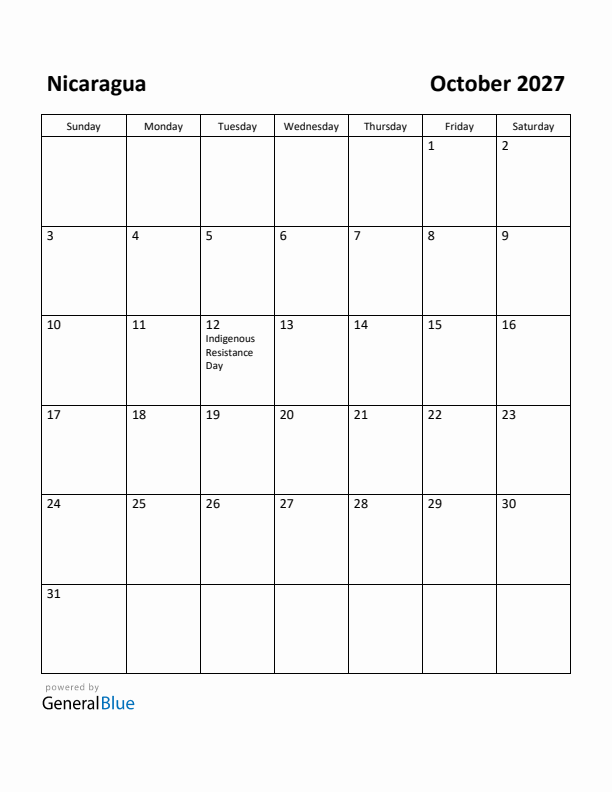 October 2027 Calendar with Nicaragua Holidays