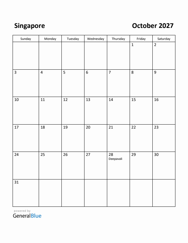 October 2027 Calendar with Singapore Holidays