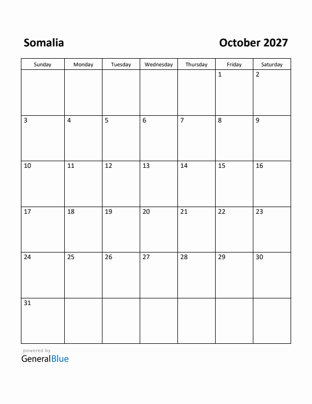 October 2027 Calendar with Somalia Holidays