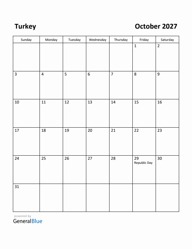 October 2027 Calendar with Turkey Holidays