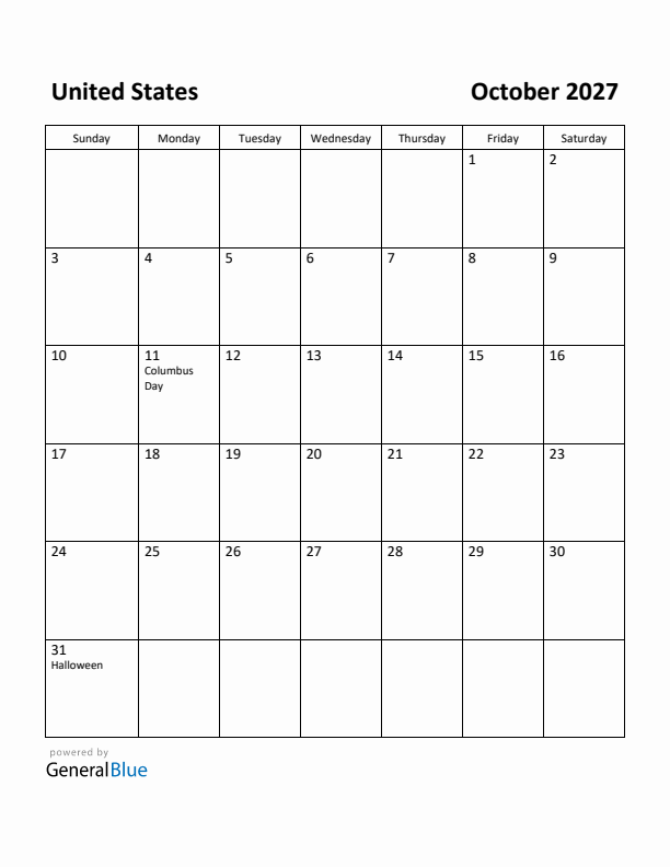 October 2027 Calendar with United States Holidays