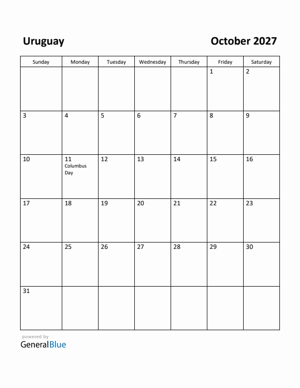 October 2027 Calendar with Uruguay Holidays