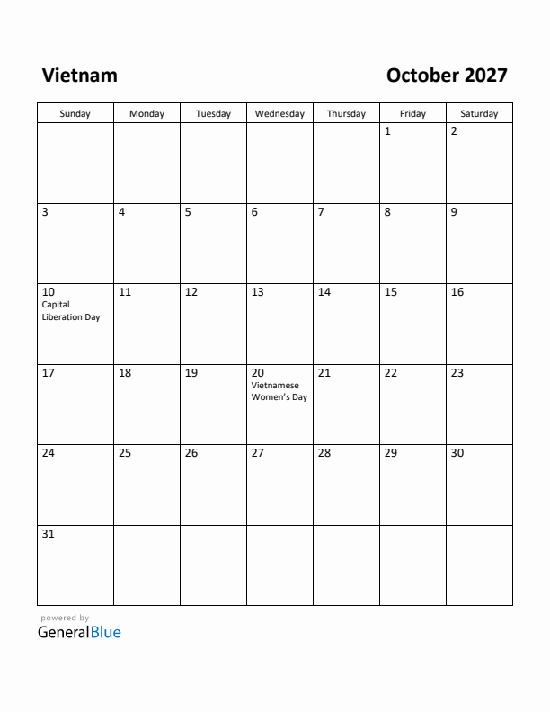 October 2027 Calendar with Vietnam Holidays