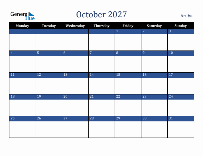 October 2027 Aruba Calendar (Monday Start)