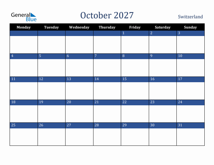 October 2027 Switzerland Calendar (Monday Start)