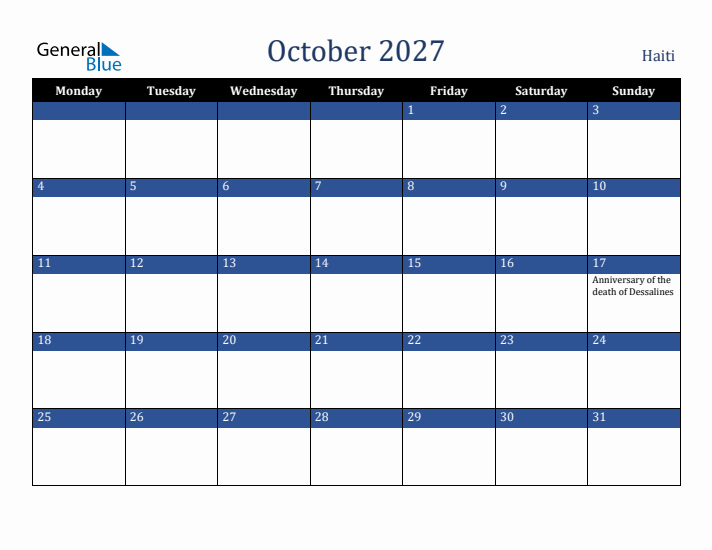 October 2027 Haiti Calendar (Monday Start)