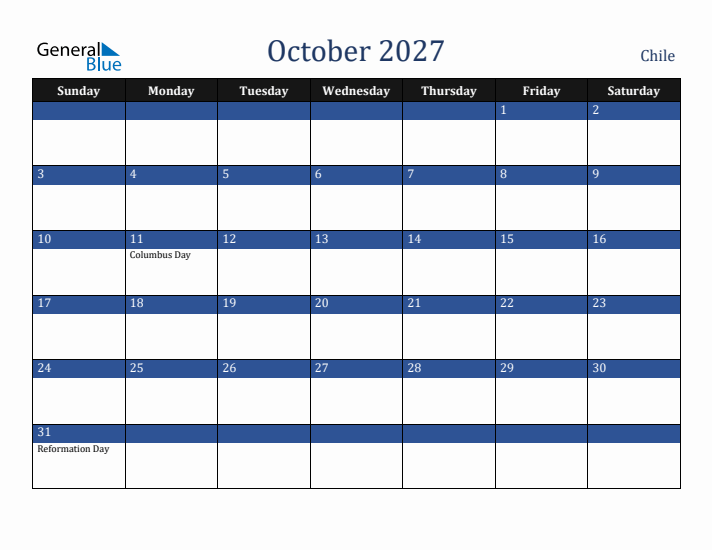 October 2027 Chile Calendar (Sunday Start)