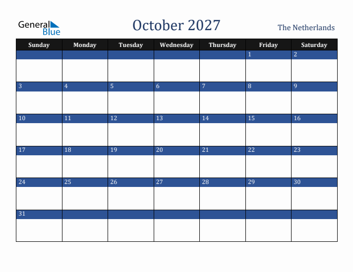 October 2027 The Netherlands Calendar (Sunday Start)