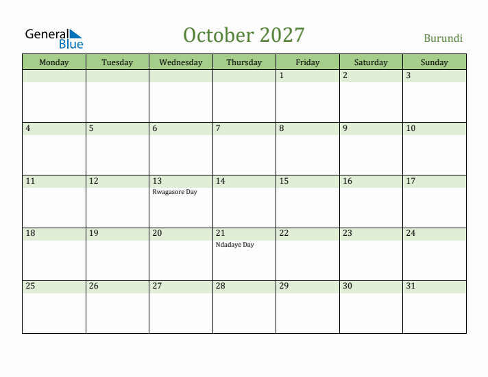 October 2027 Calendar with Burundi Holidays