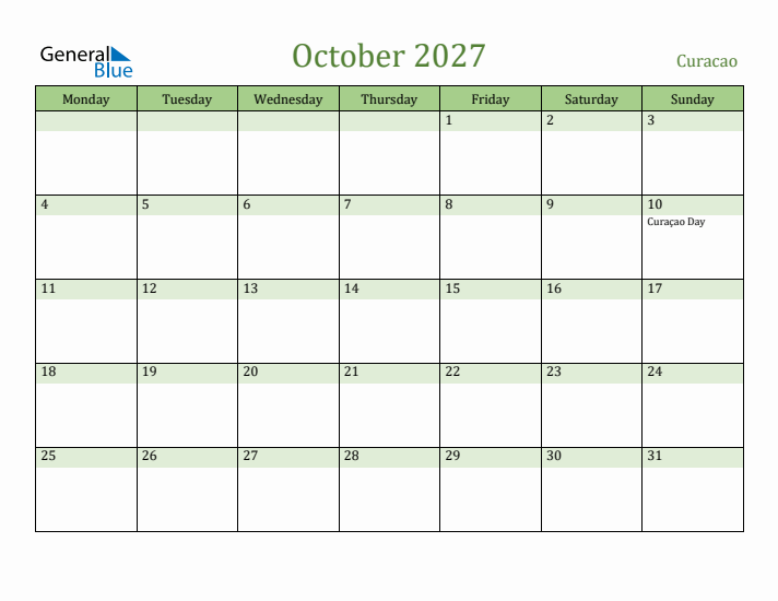 October 2027 Calendar with Curacao Holidays