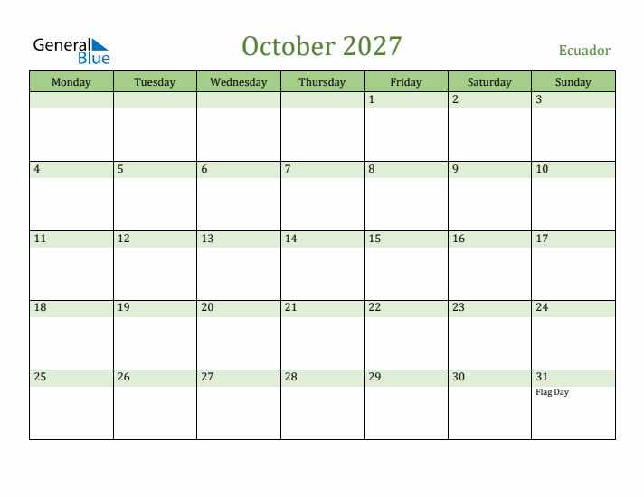 October 2027 Calendar with Ecuador Holidays