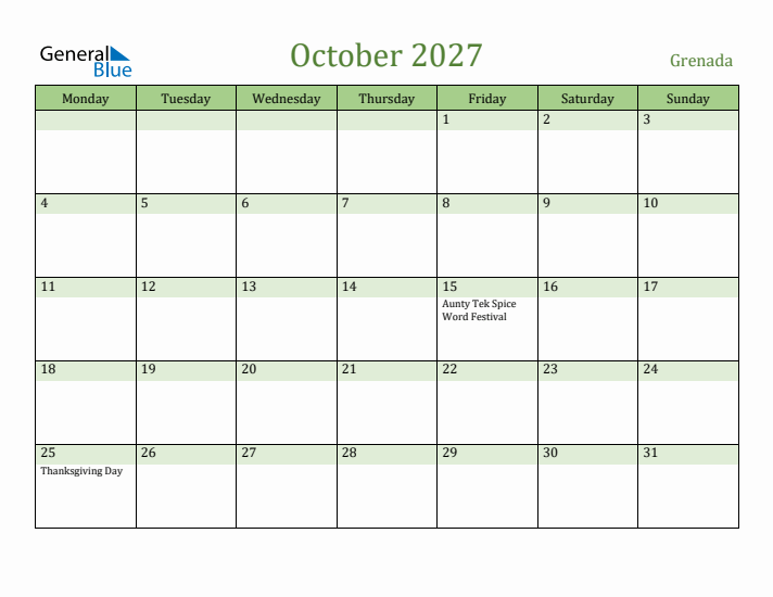 October 2027 Calendar with Grenada Holidays