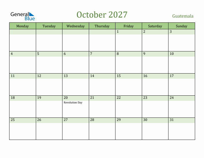 October 2027 Calendar with Guatemala Holidays