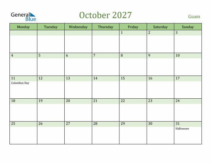 October 2027 Calendar with Guam Holidays