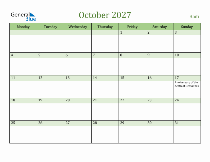 October 2027 Calendar with Haiti Holidays