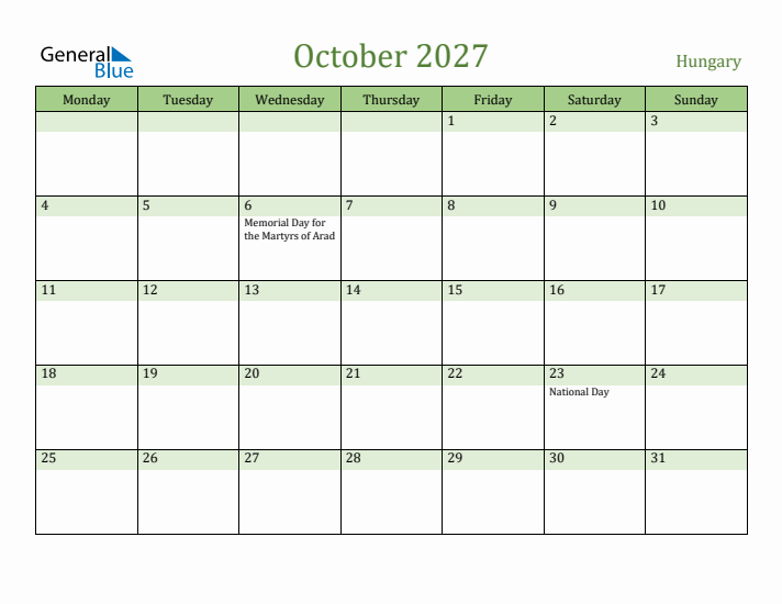 October 2027 Calendar with Hungary Holidays