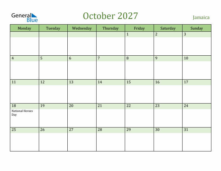 October 2027 Calendar with Jamaica Holidays