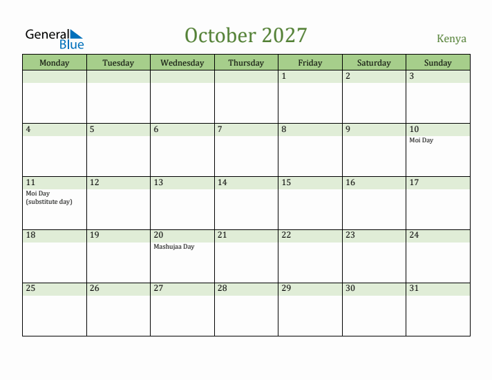 October 2027 Calendar with Kenya Holidays