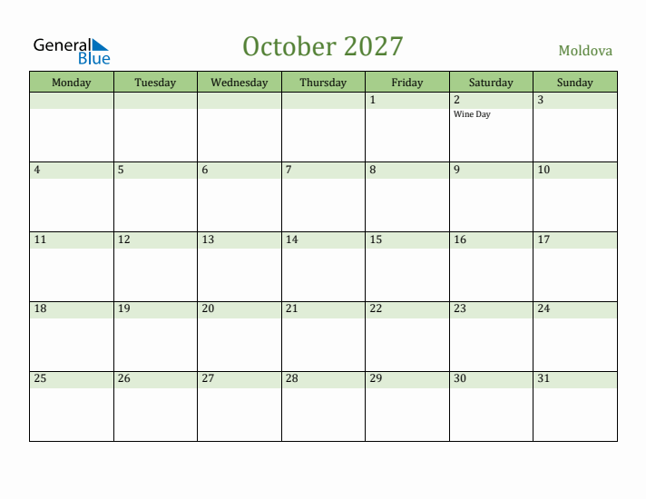 October 2027 Calendar with Moldova Holidays