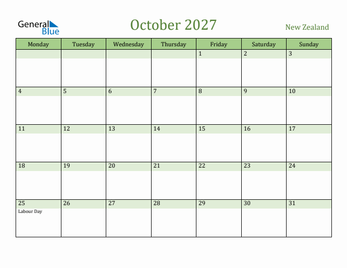 October 2027 Calendar with New Zealand Holidays