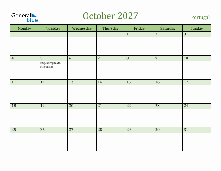 October 2027 Calendar with Portugal Holidays