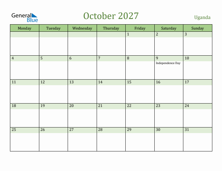 October 2027 Calendar with Uganda Holidays