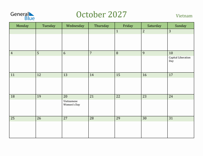 October 2027 Calendar with Vietnam Holidays