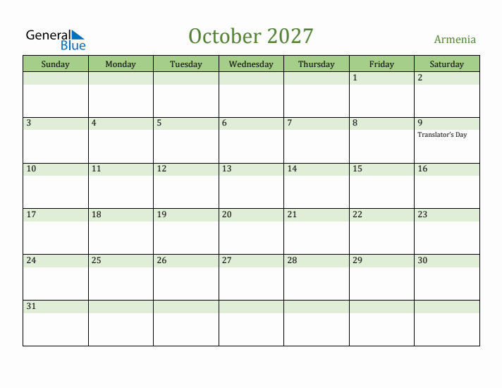 October 2027 Calendar with Armenia Holidays