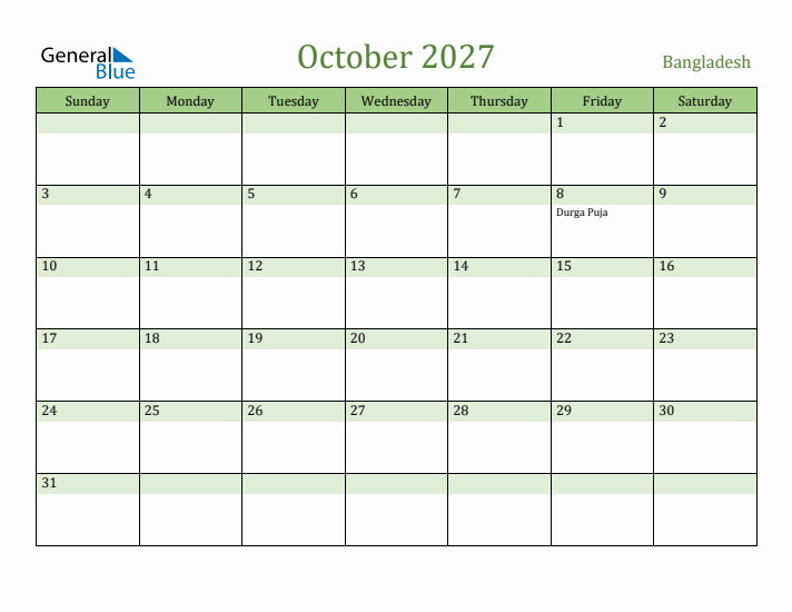 October 2027 Calendar with Bangladesh Holidays